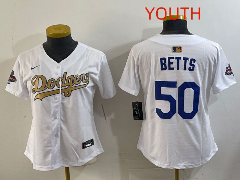 Youth Los Angeles Dodgers #50 Betts White Champion edition Nike MLB Jersey style 001->youth mlb jersey->Youth Jersey